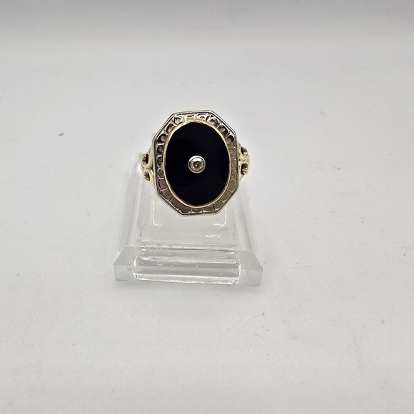 1940s Mid Century Black Onyx and Diamond 2 Tone White & Yellow Gold Ring Size 6 - Picture 4 of 10